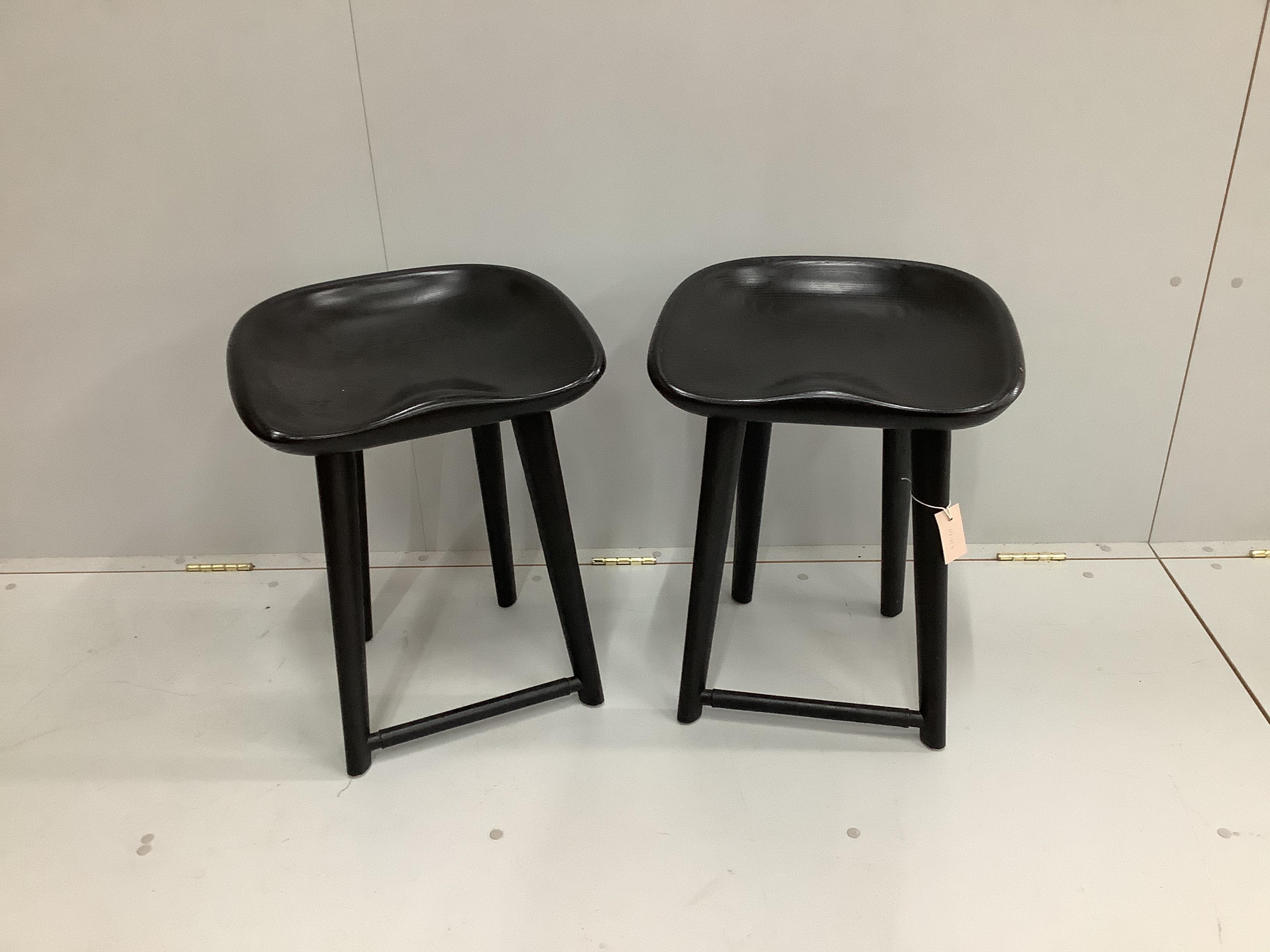 A pair of Craig Bassam and Scott Fellows black lacquer ash stools, width 43cm, depth 34cm, height 56cm